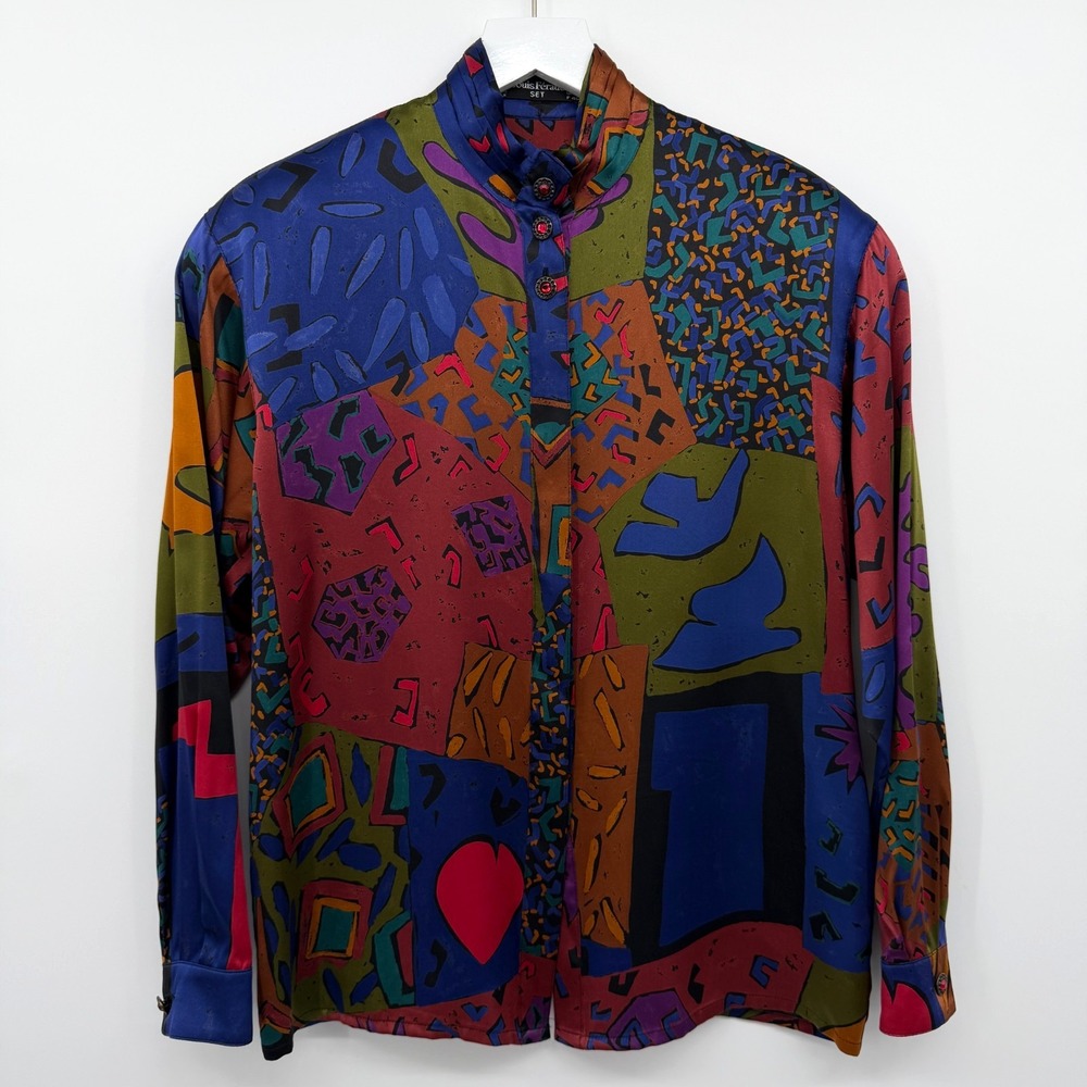 Vintage Louis Feraud Top Shirt Blouse Size 8 Germany 100% Silk Shoulder Pads M